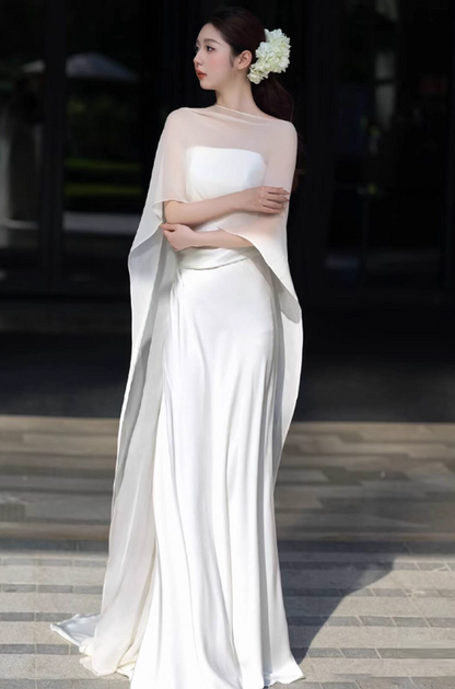 Elegant Lustrous Satin Fabric Strapless Evening Dress Tulle Stole Overlay Minimalist Backless Prom Dress AP0867