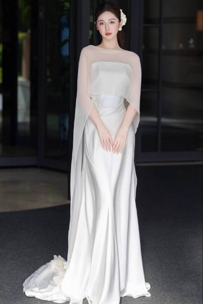 Elegant Lustrous Satin Fabric Strapless Evening Dress Tulle Stole Overlay Minimalist Backless Prom Dress AP0867