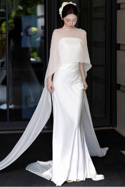 Elegant Lustrous Satin Fabric Strapless Evening Dress Tulle Stole Overlay Minimalist Backless Prom Dress AP0867