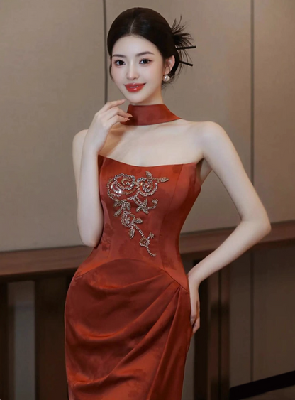 Chic Beading Delicate Red Velvet Evening Mermaid Dress Strapless Gathered Bodycon Prom Dress AP0870