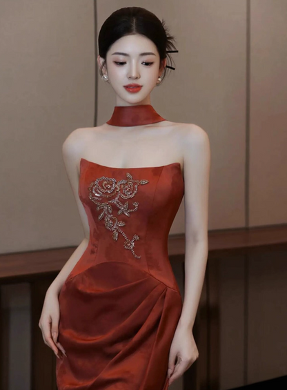 Chic Beading Delicate Red Velvet Evening Mermaid Dress Strapless Gathered Bodycon Prom Dress AP0870