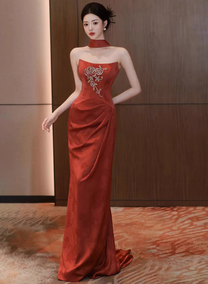 Chic Beading Delicate Red Velvet Evening Mermaid Dress Strapless Gathered Bodycon Prom Dress AP0870