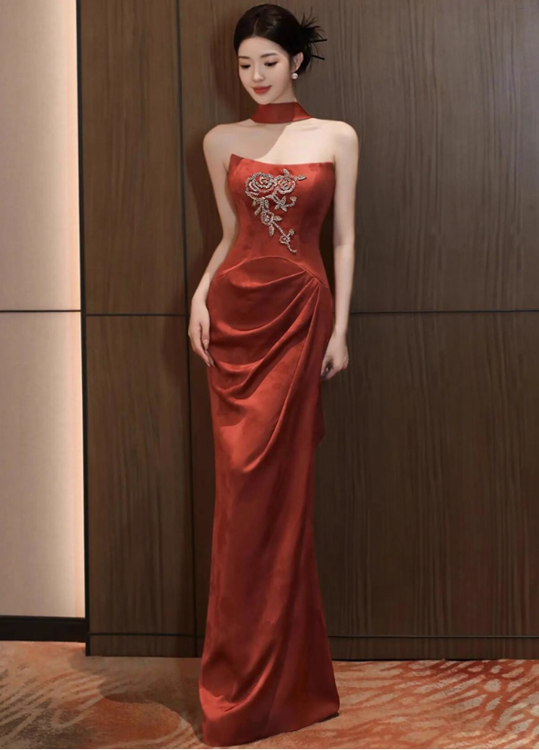 Chic Beading Delicate Red Velvet Evening Mermaid Dress Strapless Gathered Bodycon Prom Dress AP0870