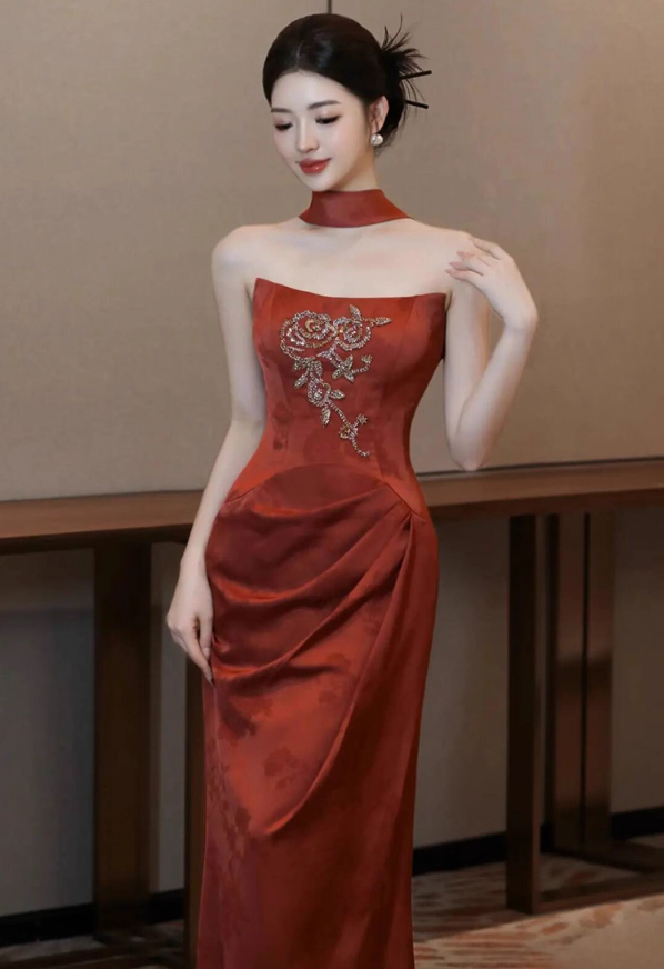 Chic Beading Delicate Red Velvet Evening Mermaid Dress Strapless Gathered Bodycon Prom Dress AP0870