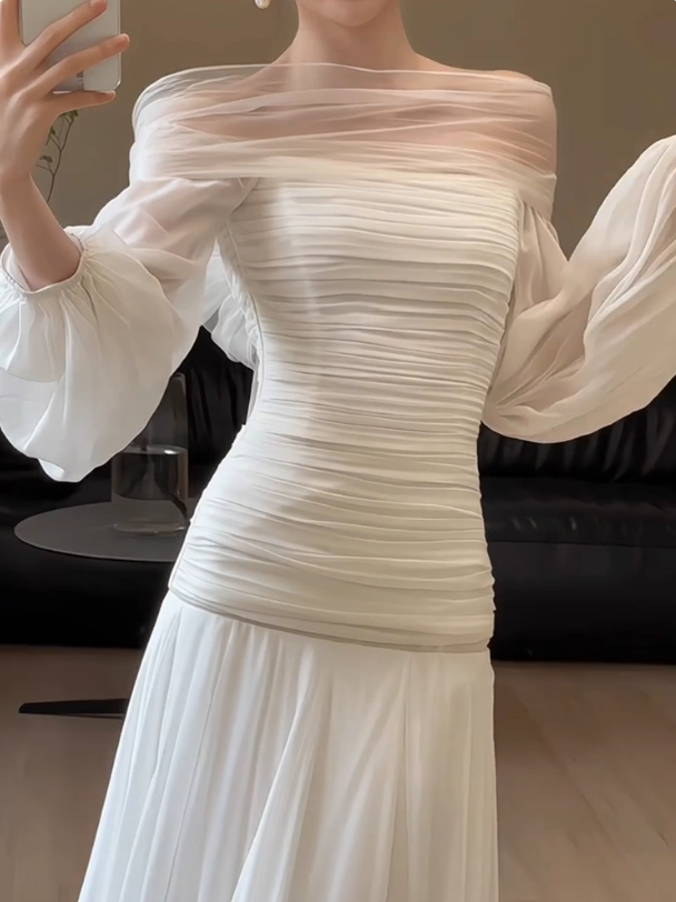 Graceful Sheer Tulle Long Sleeves Evening Dress Off-Shoulder Strapless Breathable Prom Dress AP0871