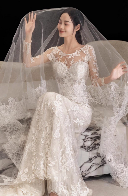 Chic Applique Lace Sleeve Ornament Bridal Mermaid Dress Strapless Floral Accent Wedding Dress AP0872