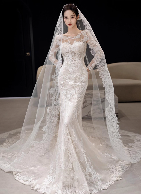 Chic Applique Lace Sleeve Ornament Bridal Mermaid Dress Strapless Floral Accent Wedding Dress AP0872