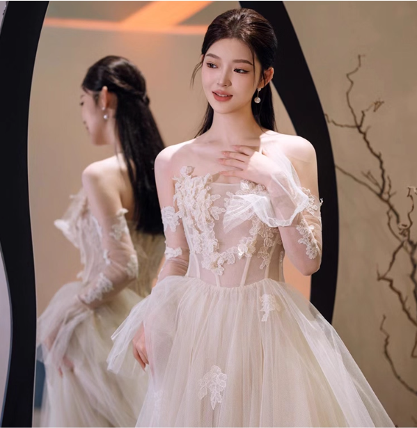 Romantic Applique Tulle Overlay Evening Gown Strapless Floral Accent Long Sleeve Prom Dress AP0874