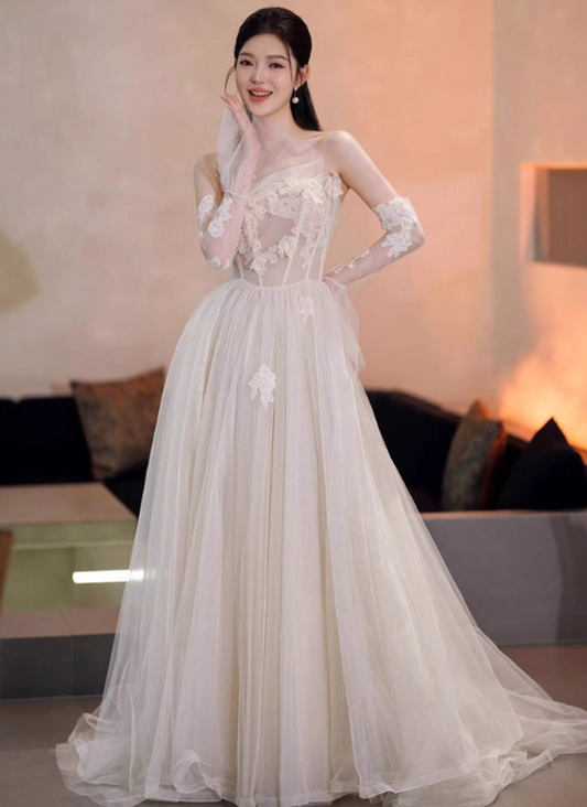 Romantic Applique Tulle Overlay Evening Gown Strapless Floral Accent Long Sleeve Prom Dress AP0874