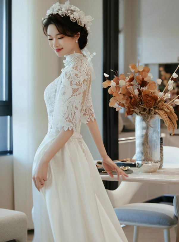 Elegant Stereo Floral Bridal Sheer Tulle Maxi Dress Soft Fabric Beading Lace Splicing Hem Prom Dress AP0876
