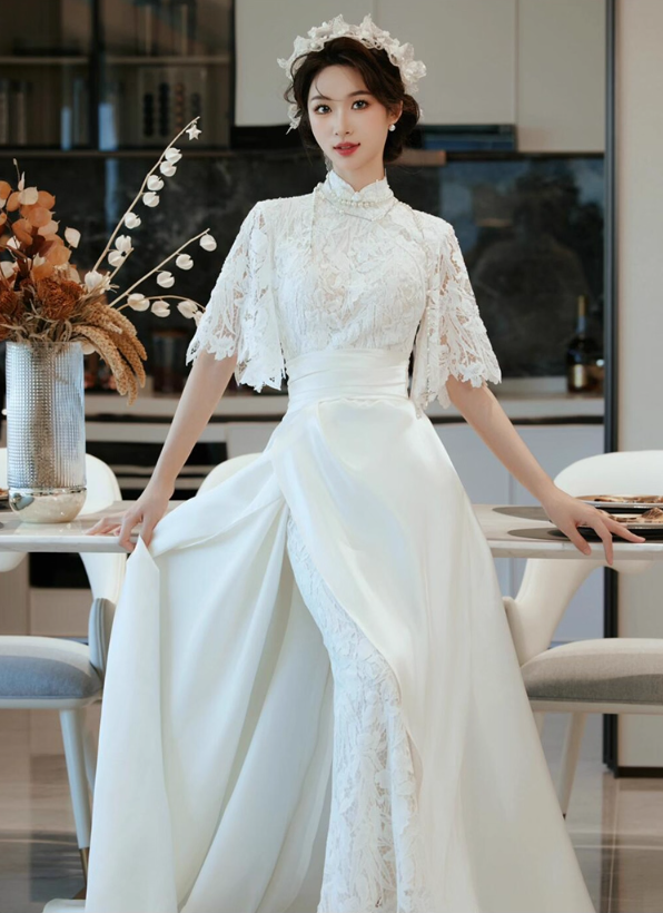 Elegant Stereo Floral Bridal Sheer Tulle Maxi Dress Soft Fabric Beading Lace Splicing Hem Prom Dress AP0876