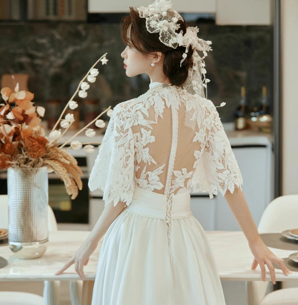 Elegant Stereo Floral Bridal Sheer Tulle Maxi Dress Soft Fabric Beading Lace Splicing Hem Prom Dress AP0876