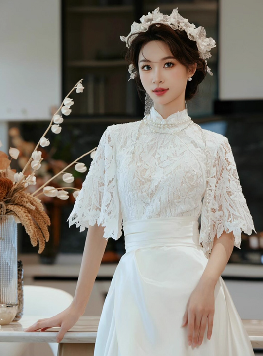 Elegant Stereo Floral Bridal Sheer Tulle Maxi Dress Soft Fabric Beading Lace Splicing Hem Prom Dress AP0876