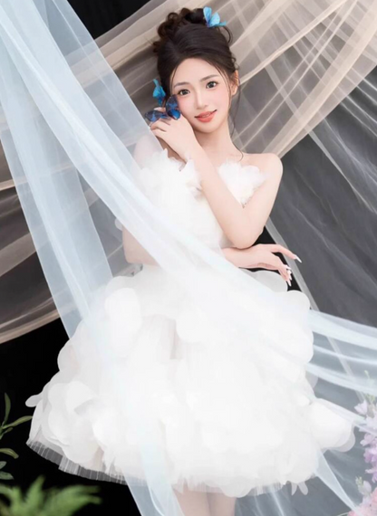 Dreamy White Strapless Floral Accent Mini Ball Gown Romantic Cloud Bubble Homecoming Dress AP0877