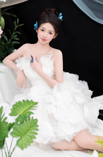 Dreamy White Strapless Floral Accent Mini Ball Gown Romantic Cloud Bubble Homecoming Dress AP0877