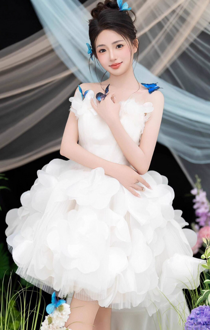 Dreamy White Strapless Floral Accent Mini Ball Gown Romantic Cloud Bubble Homecoming Dress AP0877
