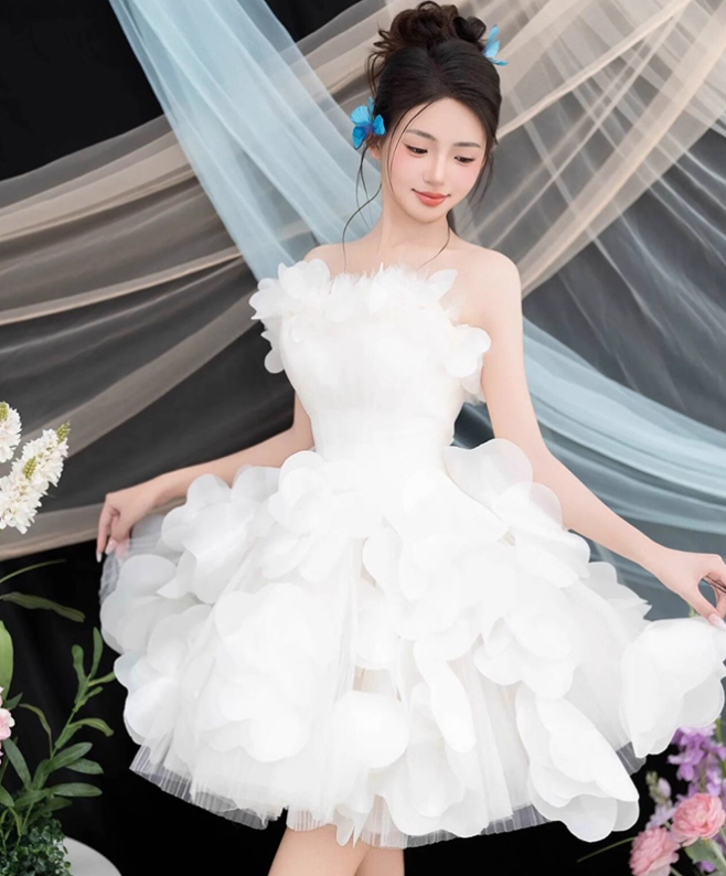 Dreamy White Strapless Floral Accent Mini Ball Gown Romantic Cloud Bubble Homecoming Dress AP0877