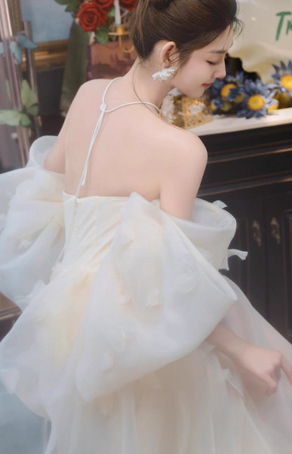 Charming Big Bow-Knot Stereo Petal Detailing Evening Dress Off-Shoulder Mesh Overlay Prom Dress AP0878