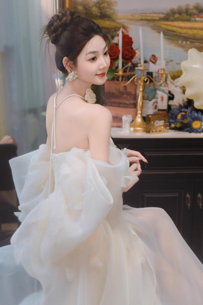 Charming Big Bow-Knot Stereo Petal Detailing Evening Dress Off-Shoulder Mesh Overlay Prom Dress AP0878