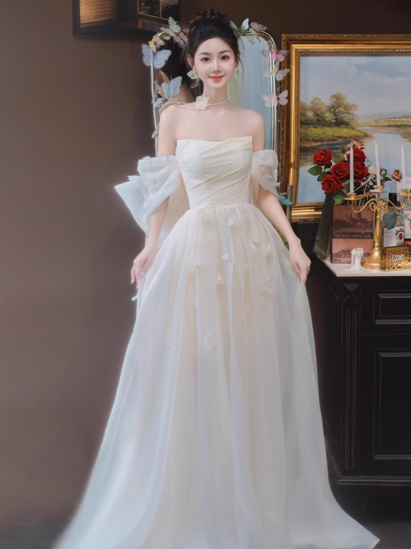 Charming Big Bow-Knot Stereo Petal Detailing Evening Dress Off-Shoulder Mesh Overlay Prom Dress AP0878