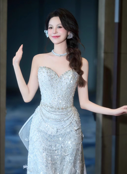 Shining Fringe Beading Stereo Petal Detailing Evening Dress Strapless Oversized Bow Prom Dress AP0879