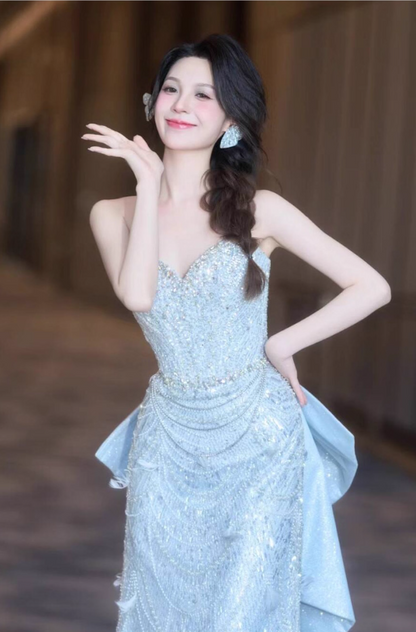 Shining Fringe Beading Stereo Petal Detailing Evening Dress Strapless Oversized Bow Prom Dress AP0879