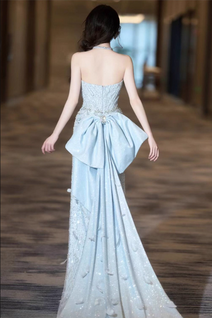 Shining Fringe Beading Stereo Petal Detailing Evening Dress Strapless Oversized Bow Prom Dress AP0879