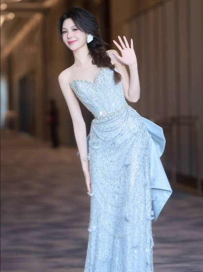 Shining Fringe Beading Stereo Petal Detailing Evening Dress Strapless Oversized Bow Prom Dress AP0879