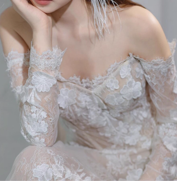 Gorgeous Lace Sheer Long Sleeves Bridal Dress Off-Shoulder Stereo Applique Wedding Dress AP0880