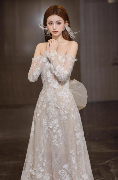 Gorgeous Lace Sheer Long Sleeves Bridal Dress Off-Shoulder Stereo Applique Wedding Dress AP0880