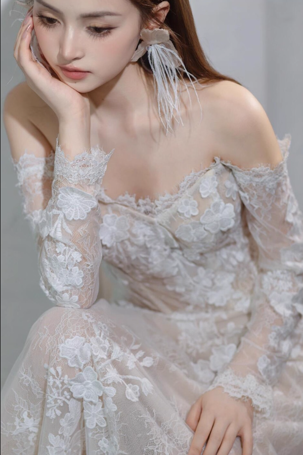 Gorgeous Lace Sheer Long Sleeves Bridal Dress Off-Shoulder Stereo Applique Wedding Dress AP0880