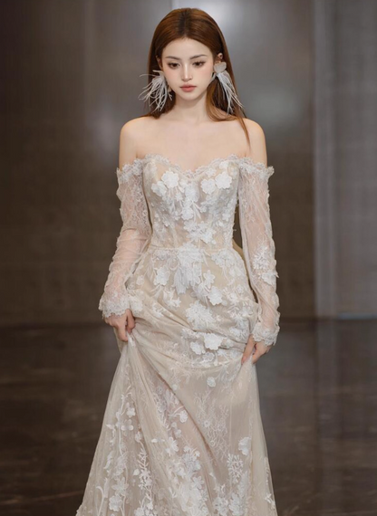 Gorgeous Lace Sheer Long Sleeves Bridal Dress Off-Shoulder Stereo Applique Wedding Dress AP0880