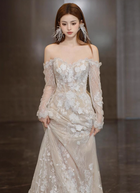 Gorgeous Lace Sheer Long Sleeves Bridal Dress Off-Shoulder Stereo Applique Wedding Dress AP0880