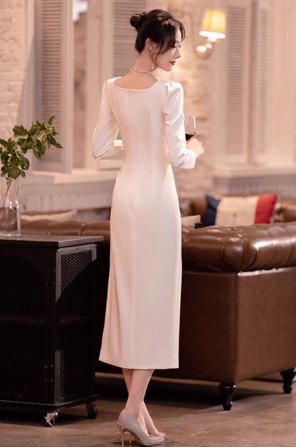 Stylish Soft Satin Material Long Sleeves Feast Dress High-Slit Breathable Bodycon Prom Dress AP0881