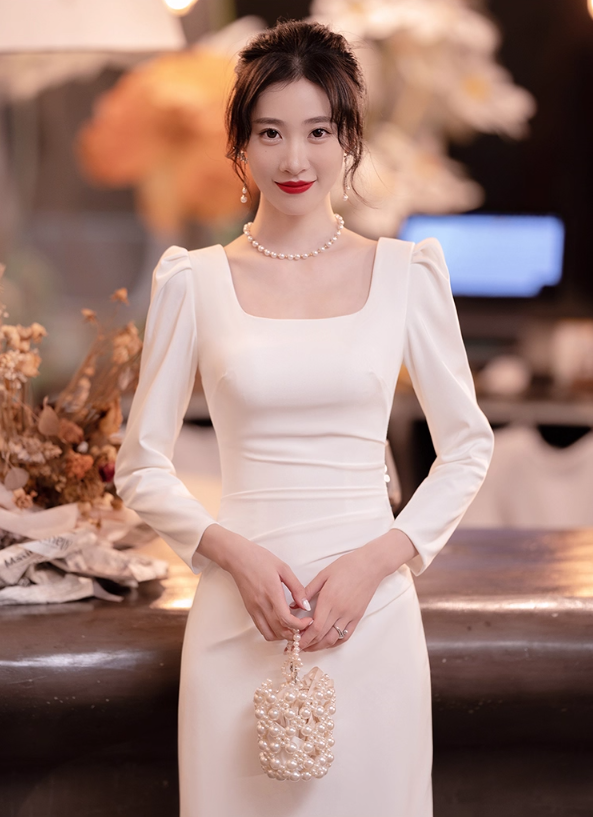 Stylish Soft Satin Material Long Sleeves Feast Dress High-Slit Breathable Bodycon Prom Dress AP0881