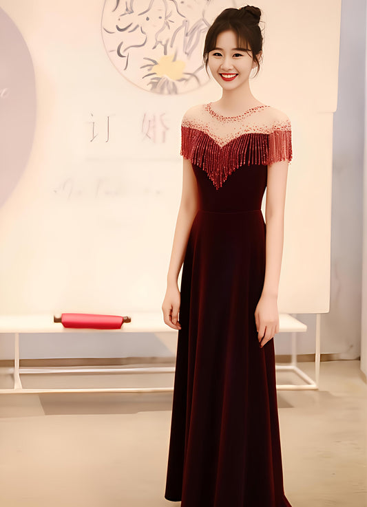 Chic Red Velvet Sheer Tulle Splicing Maxi Dress Beading Tassel Trim A-Line Prom Dress AP0882