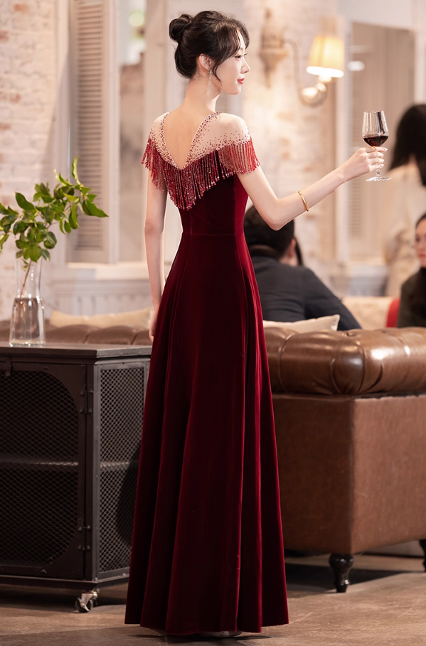 Chic Red Velvet Sheer Tulle Splicing Maxi Dress Beading Tassel Trim A-Line Prom Dress AP0882