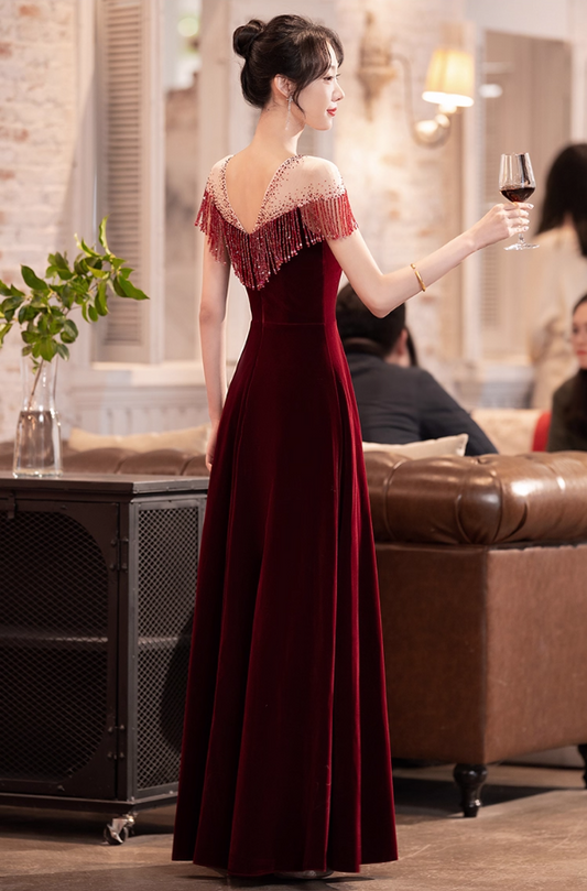 Chic Red Velvet Sheer Tulle Splicing Maxi Dress Beading Tassel Trim A-Line Prom Dress AP0882