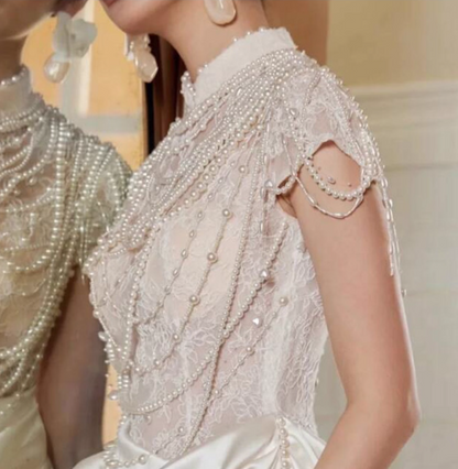 Chic Jacquard Lace Bodice Satin Fabric Evening Dress Short Sleeve Beading Prom Dress AP0884