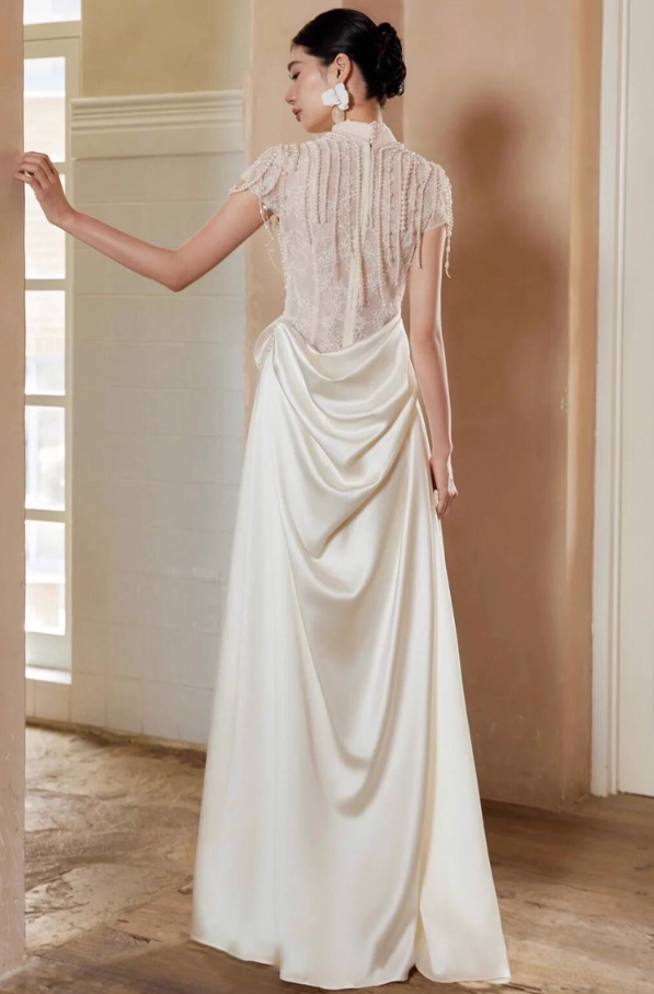 Chic Jacquard Lace Bodice Satin Fabric Evening Dress Short Sleeve Beading Prom Dress AP0884