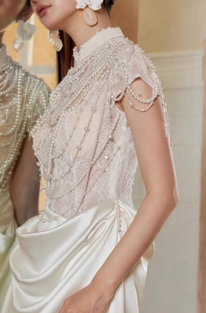 Chic Jacquard Lace Bodice Satin Fabric Evening Dress Short Sleeve Beading Prom Dress AP0884