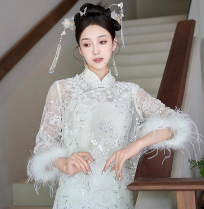 Classical Lace Top Applique Two-Piece Long Sleeve Feather Accent Sparkly Sequin Prom Dress AP0885