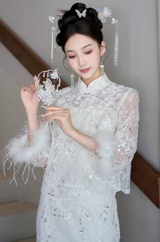 Classical Lace Top Applique Two-Piece Long Sleeve Feather Accent Sparkly Sequin Prom Dress AP0885