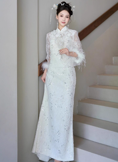 Classical Lace Top Applique Two-Piece Long Sleeve Feather Accent Sparkly Sequin Prom Dress AP0885