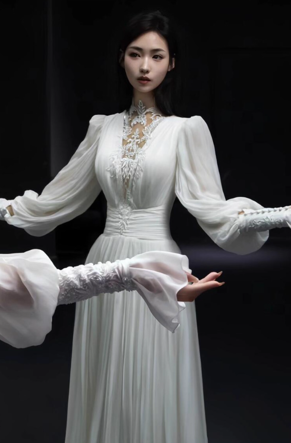 Vintage-Inspired Natural Pleats Fluffy Long Sleeve Intricate Sheer Lace Hollow-Out Prom Dress AP0886