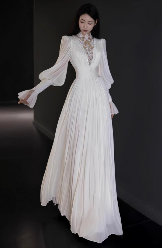 Vintage-Inspired Natural Pleats Fluffy Long Sleeve Intricate Sheer Lace Hollow-Out Prom Dress AP0886