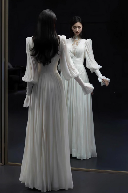 Vintage-Inspired Natural Pleats Fluffy Long Sleeve Intricate Sheer Lace Hollow-Out Prom Dress AP0886