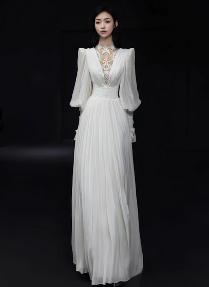 Vintage-Inspired Natural Pleats Fluffy Long Sleeve Intricate Sheer Lace Hollow-Out Prom Dress AP0886