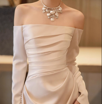 Timeless Long Sleeves Natural Pleats Evening Dress Off-Shoulder Satin Fabric Prom Dress AP0887