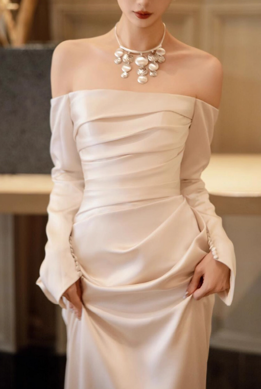 Timeless Long Sleeves Natural Pleats Evening Dress Off-Shoulder Satin Fabric Prom Dress AP0887